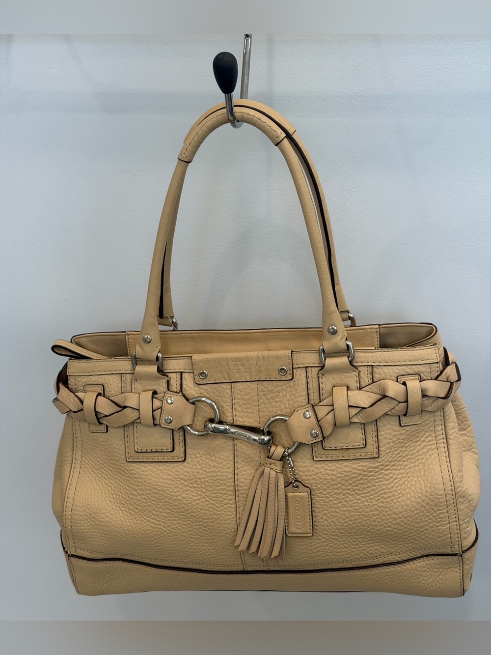 Coach Beige Leather Braided Satchel with Tassel
